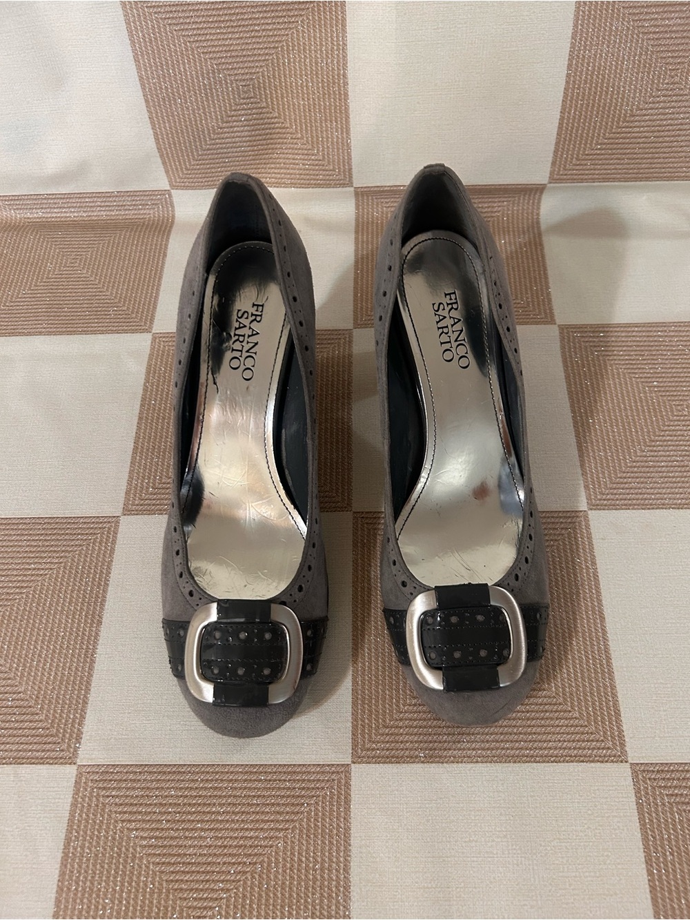 Franco Sarto Taupe Suede Pumps with Black Buckle Accent